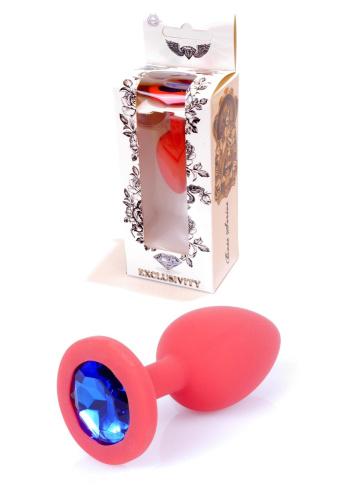 Boss Silikon Plug Jewellery Red Small - Анальная пробка с кристаллом, 7х2.7 см (красный с синим)
