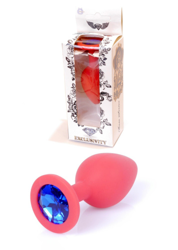 Boss Silikon Plug Jewellery Red Medium - Анальная пробка с кристаллом, 8х3.5 см (красный с синим)