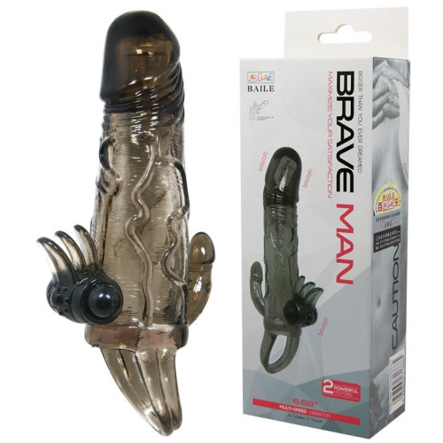 Baile Brave Men Vibro Penis Sleeve Black - Удлиняющая насадка с вибрацией, 14.7х3.7 см