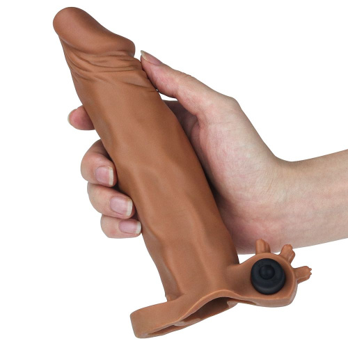 LoveToy - Pleasure X Tender Vibrating Penis Sleeve Brown Add 2 - Насадка на член, 19 см