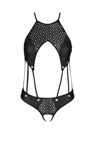 Passion Tamaris Body - Боди из эко-кожи с ремешками и перфорацией, S/M (чёрный)