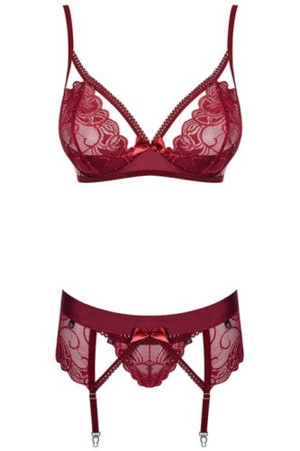 Obsessive Wonderia set - кружевной эротический комплект с поясом для чулок, L/XL (бордовый)