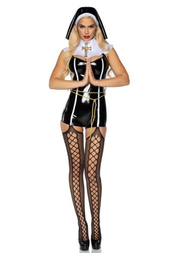 Leg Avenue Vinyl Sinful Sister - игровой эротический костюм монахини, L (чёрный)