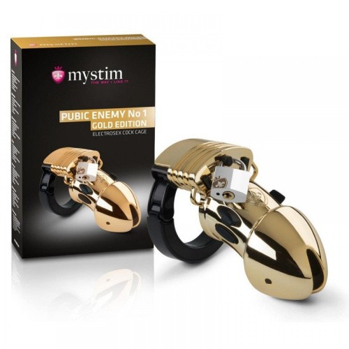 Mystim Pubic Enemy No 1 - Gold Edition - Клетка для члена с электростимуляцией, 8.6х5.2 см