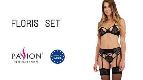 Passion Exclusive Floris Set - Комплект белья: лиф, трусики, пояс для чулок, L/XL (чёрный)