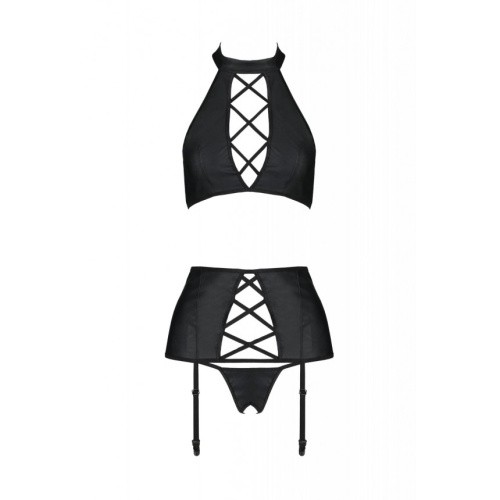 Passion Nancy Set - Комплект з імітацією шнурівки топ, трусики та пояс для панчох, 6XL/7XL (чорний) - купити в Києві, Україні