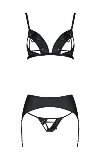 Passion Miley Set - Комплект из эко-кожи: трусики, бюстгальтер, пояс для чулок, S/M (чёрный)