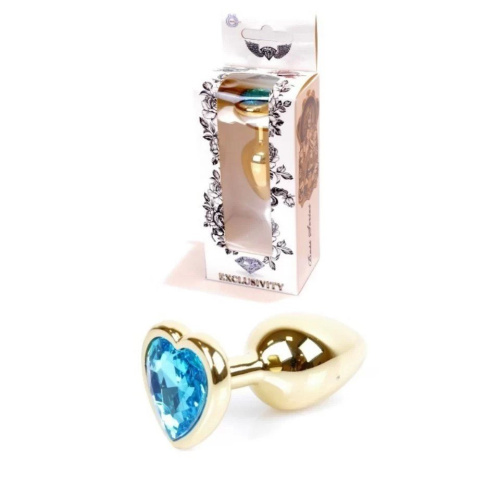 Boss Jewellery Gold Heart Plug Light Blue - Анальная пробка с кристаллом, 7х2,7 см (голубой)