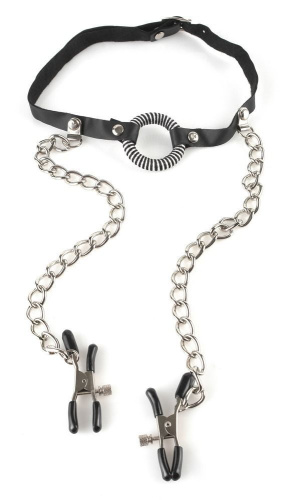 O-Ring Gag with Nipple Clamps - Кляп-кільце з затискачами для сосків (чорний) - купити в Києві, Україні