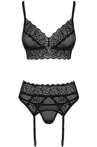 Obsessive 852-SET-1 set - комплект эротического белья с кружевом и поясом для чулок, L/XL (чёрный)