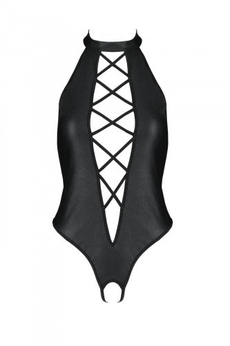 Passion Nancy Body боди из эко-кожи с имитацией шнуровки и открытым доступом, L/XL (чёрный)