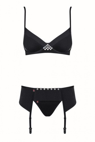 Obsessive Gretia set - эротический комплект бюстгальтер, стринги и пояс для чулок, L/XL (чёрный)