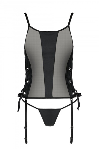 Passion Malwia Corset сетчатый корсет из эко-кожи с люверсами и съемными пажами, L/XL (чёрный)