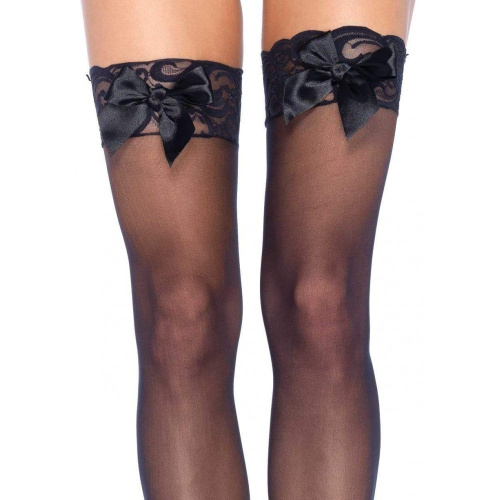 Leg Avenue Sheer Lace Top Thigh Highs - чулочки с кружевом и бантиком (черный)