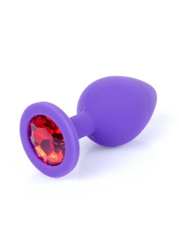 Boss Jewellery Purple Silicon Plug Medium Red Diamond - Анальная пробка с кристаллом, 8х3.5 см (фиолетовый с красным)