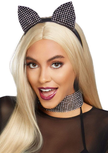 Leg Avenue-Cat ear headband & choker set Black - Чокер зі стразами та котячі вушка - купити в Києві, Україні