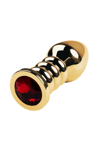 TOYFA Metal Gold anal plug - золотистая витая анальная пробка с кристаллом, 8.5х3.8 см (красный)