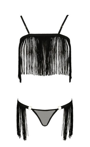 Passion Exclusive Kassandra Set OpenBra - Комплект белья с бахромой, XXL/3XL (чёрный)