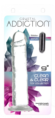Прозрачный фаллоимитатор на присоске Crystal ADDICTION Vertical Dong 9″, 22,8 см ++ вибропуля в подарок