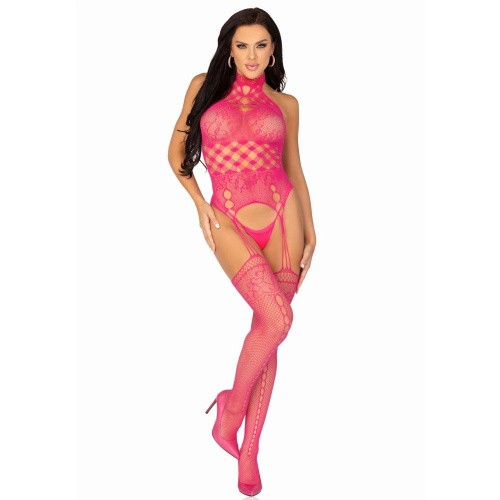 Leg Avenue - High neck lace bodystocking - Мереживний комбінезон з імітацією панчох, O/S (рожевий) - купити в Києві, Україні