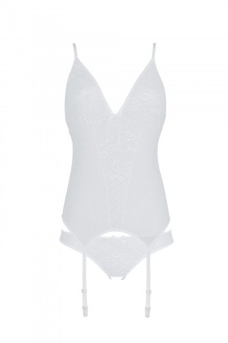 Passion Ursula Corset корсет с пажами, трусики с ажурным декором и открытым шагом, S/M (белый)