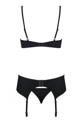 Obsessive Gretia set - эротический комплект бюстгальтер, стринги и пояс для чулок, L/XL (чёрный)