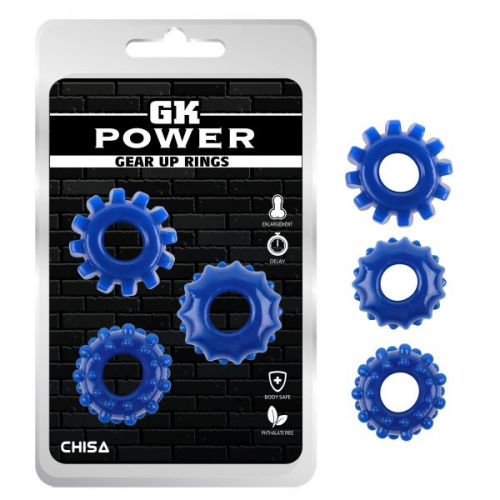 GK Power Gear Up Rings Blue - набор эрекционных колец 3 шт, 1,6 см (голубой)