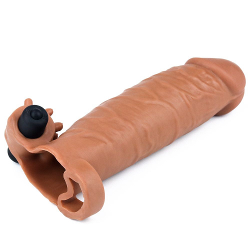 LoveToy - Pleasure X Tender Vibrating Penis Sleeve Brown Add 2 - Насадка на член, 16.5х4.8 см - купити в Києві, Україні