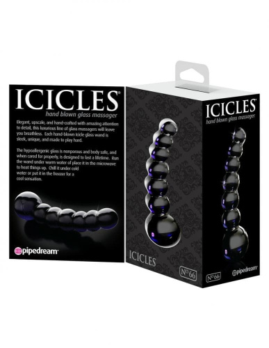 Icicles No 66 - скляний анальний ланцюжок, 9х3 см (чорний) - купити в Києві, Україні