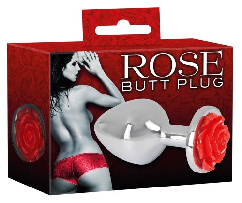 Orion Rose Butt Plug - Анальна пробка с розой в основании, 9х3.4 см (серебристый с красным)
