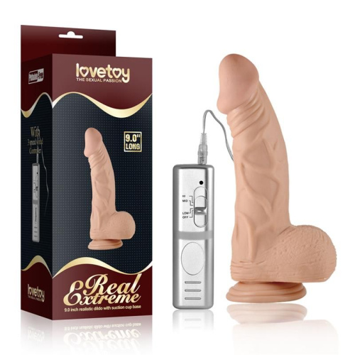 LoveToy 9" Real Extreme Dildo Vibrating - реалистичный вибратор с пультом и присоской, 23х5 см (телесный)