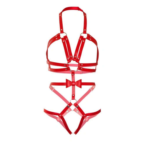 Leg Avenue - Studded O-ring harness teddy - Cексуальная красная портупея, L