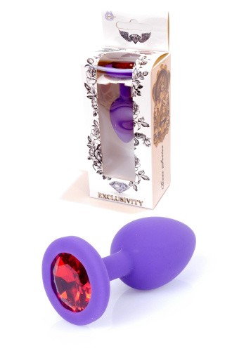 Boss Jewellery Purple Silikon Plug Small Red Diamond - Анальная пробка с кристаллом, 7х2.7 см (фиолетовый с красным)