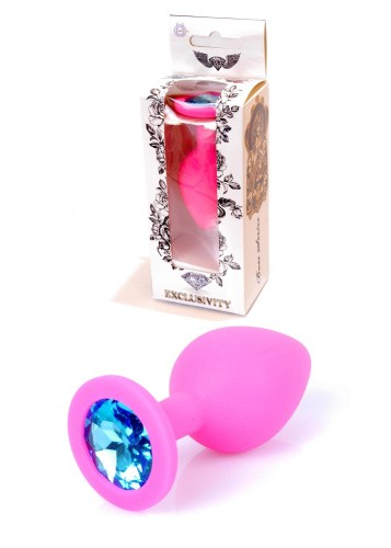 Boss Silikon Plug Jewellery Pink Medium - Анальная пробка с кристаллом, 8х3.5 см (розовый с голубым)