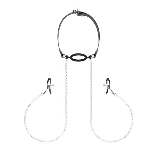 Bedroom Fantasies Nipple Clamps & Silicone Gag Ring - Зажимы для сосков с кляпом, 50 см (черный)