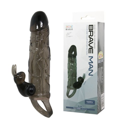 LyBaile Brave Men Vibro Penis Sleeve Black With Bunny - вибронасадка на член со стимулятором клитора, 16.4х3.7 см (чёрный)