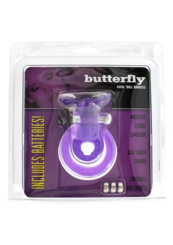 Seven Creations Cock & Ball Butterfly - двойное виброкольцо с бабочкой, 9х1.5 см (фиолетовый)