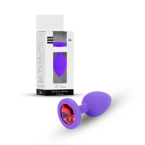 B-Series Jewellery Purple Silikon Plug Small Red Diamond - Анальная пробка с кристаллом, 7х2.7 см (фиолетовый с красным)