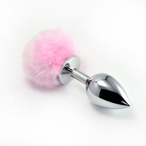 LoveToy Pompon Metal Plug Small - маленькая серебристая анальная пробка с хвостиком, 7х2.8 см (розовый)