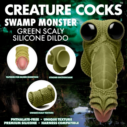 Creature Cocks Swamp Monster Green Scaly Silicone Dildo - фантазийный фаллоимитатор, 23.9х5 см (зелёный)