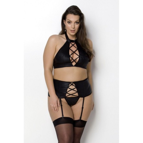 Passion Nancy Set - Комплект з імітацією шнурівки топ, трусики та пояс для панчох, 6XL/7XL (чорний) - купити в Києві, Україні
