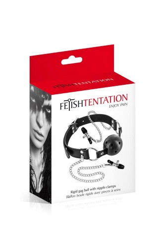 Fetish Tentation Rigid Gag Ball with Nipple Clamps - Повітропроникний кляп із затискачами для сосків - купити в Києві, Україні