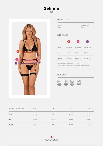 Obsessive Selinne 3-pcs set - комплект эротического белья с поясом для чулок, XL/XXL (чёрный)