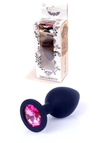 Boss Silikon Plug Jewellery Black Medium - Анальная пробка с кристаллом, 8х3.5 см (черный с розовым)