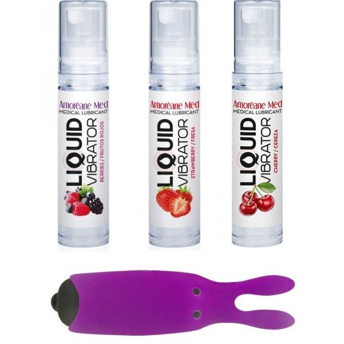 Amoreane Med набор из 3-х вкусов стимулирующего лубриканта и вибропули Adrien Lastic Purple, 3х10 мл