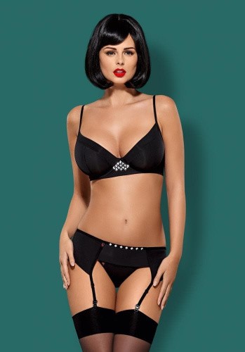 Obsessive Gretia set - эротический комплект бюстгальтер, стринги и пояс для чулок, L/XL (чёрный)