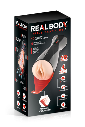 Real Body - Real Sucking Pussy 2 - Премиум-вибромастурбатор со звуком и стимуляцией промежности, 24,5 см (телесный)
