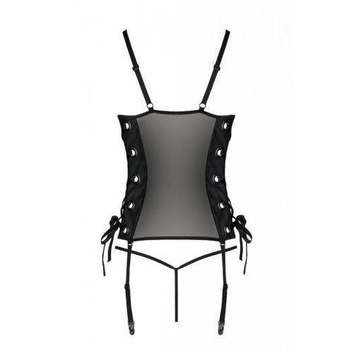 Passion Malwia Corset - Сетчатый корсет из эко-кожи с люверсами и съемными пажами, 4XL/5XL