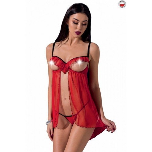Passion Exclusive Cherry Chemise - Прозрачный бэби долл с открытой грудью, L/XL (красный)