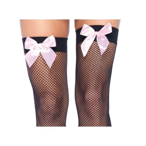 Leg Avenue Fishnet Thigh Highs With Bow-панчішки сітка з бантиком (чорний з рожевим) - купити в Києві, Україні